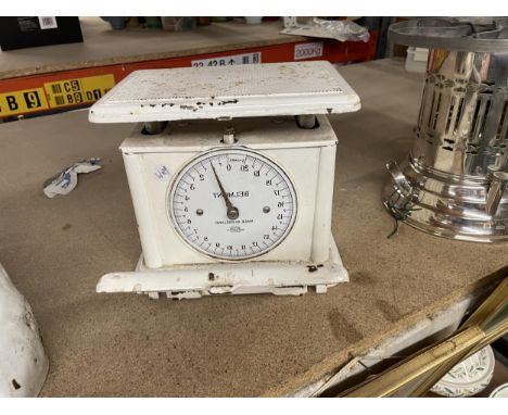 A VINTAGE CAST PAINTED WHITE BELMONT WEIGHING SCALES 