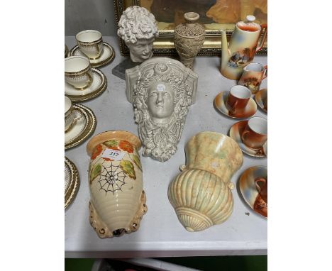 THREE VINTAGE WALL POCKETSTO INCLUDE A CLASSICAL STYLE, 1930'S RETRO BY ARTHUR WOOD, CROWN DEVON PLUS A BUST OF A CLASSICAL H