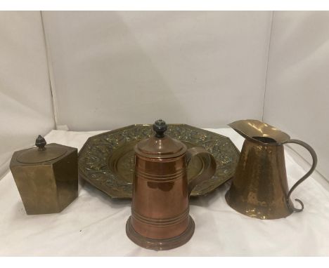 A COPPER LIDDED TANKARD BY 'ARMY AND NAVY' C.S.L. MAKERS, LONDON, A HEAVY HAND BEATEN COPPER JUG, A BRASS PENTAGONAL LIDDED C
