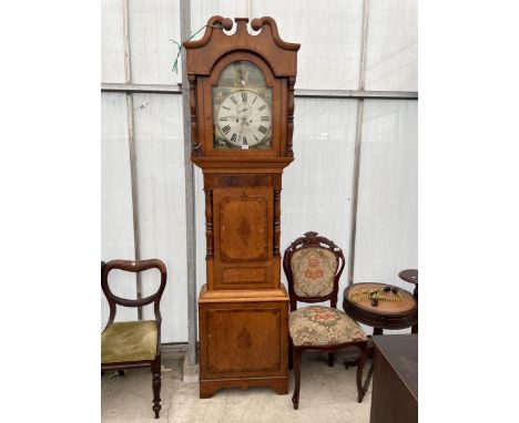 A 19TH CENTURY EIGHT-DAY LONGCASE CLOCK BY F.FRASER, WREXHAM WITH ENAMEL FACE SHOWING GAME SHOOTING SCENE WITH DOGS 