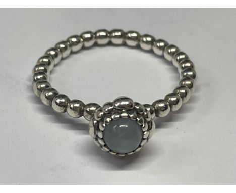 A SILVER PANDORA RING IN A PRESENTATION BOX 