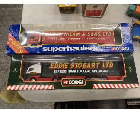 TWO BOXED CORGI SUPERHAULER TRUCKS EDDIE STOBART AND JAMES IRLAM 1/64 SCALE 