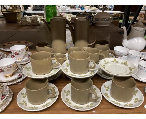A QUANTITY OF J AND G MEAKIN POTTERY TO INCLUDE COFFEE POTS, JUGS, SUGAR BOWLS, CUPS AND SAUCERS 
