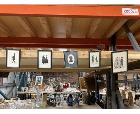 FOUR VINTAGE MINIATURE SILHOUETTES PLUS A FRAMED VINTAGE PRINT OF AN ESTATE DEAL 