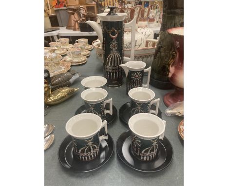 A PORTMEIRION COFFEE SET IN THE 'MAGIC CITY' DESIGN TO INCLUDE COFFEE POT, CREAM JUG, SUGAR BOWL AND FOUR CUPS AND SAUCERS 