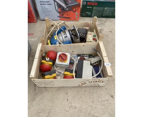 AN ASSORTMENT OF TOOLS AND HARDWARE TO INCLUDE A ROUTER AND ELECTRICAL SAFETY SWITCHES ETC 