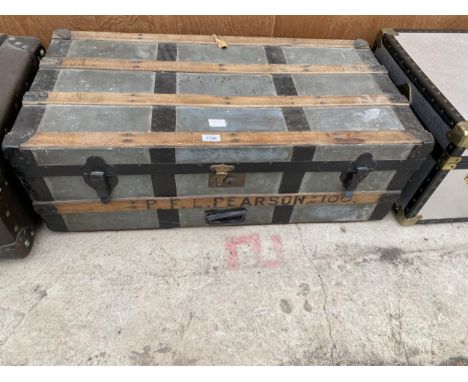 A VINTAGE WOODEN BANDED TRAVEL TRUNK 