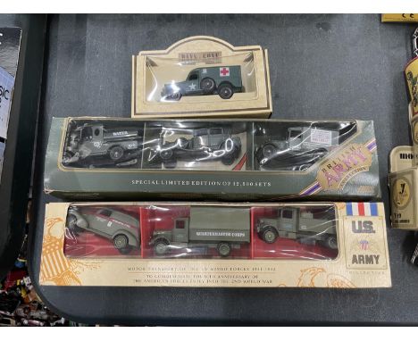 SEVEN LLEDO DIE CAST ARMY VEHICLES IN THREE BOXES 