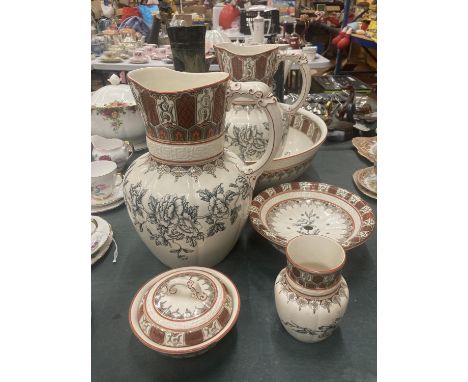 AN EMPIRE, BURSLEM FLORAL PRINTED VINTAGE BATHROOM SET TO INCLUDE WASHBOWL, JUGS, SOAP DISHES, ETC 