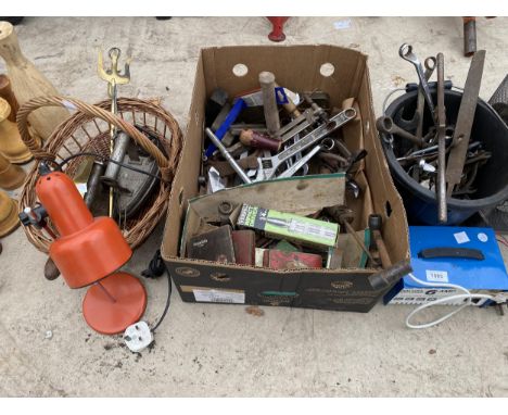 AN ASSORTMENT OF TOOLS TO INCLUDE SPANNERS, CLAMPS AND FILES ETC 