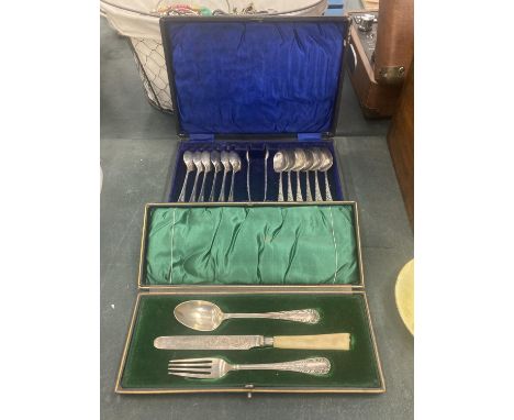 TWO VINTAGE BOXES OF FLATWARE TO INCLUDE TEASPOONS, SUGAR TONGS AND A KNIFE, FORK AND SPOON SET 