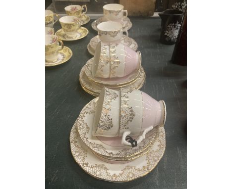 A QUANTITY OF ROYAL YORK CHINA IN A PALE PINK WITH GILT DESIGN TO INCLUDE CUPS, SAUCERS, AND SIDE PLATES 