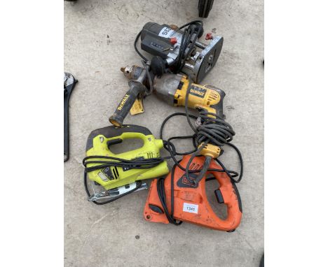FOUR POWER TOOLS TO INCLUDE A DEWALT DRILL AND A RYOBI JIGSAW ETC 
