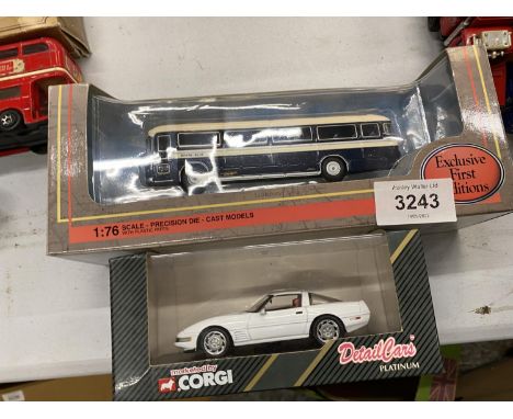 TWO BOXED DIECAST VEHICLES TO INLCUDE A CORGI DETAIL CORVETTE 1/43 SCALE AND A EFE ROYAL BLUE BRISTOL BUS 1/76 SCALE 