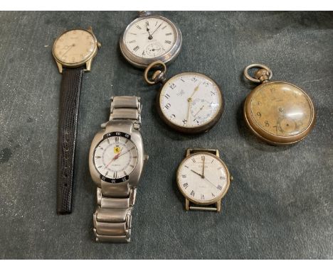THREE VINTAGE POCKET WATCHES TO INCLUDE INGERSOLL AND LIMIT PLUS VINTAGE WRISTWATCHES FOR SPARES OR REPAIRS 