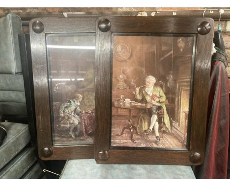 TWO PRINTS OF VINTAGE GENTLEMEN PLAYING GAMES IN WOODEN ARTS AND CRAFTS STLE FRAMES 35CM X 46CM 