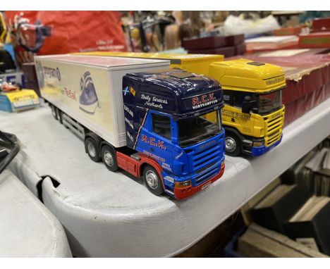 TWO MODERN UN BOXED SCANIA ARTICULATED WAGONS 1/50 SCALE CHAMPION AND PROGRAM 8 TEFAL 