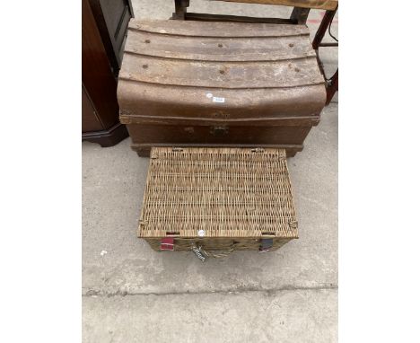 A METALWARE TRAVELLING TRUNK AND JOHN LEWIS PICNIC BASKET 