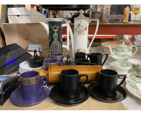 A QUANTITY OF PORTMEIRION ITEMS TO INCLUDE TWO COFFEE POTS, CUPS, SAUCERS, ROLLING PIN, ETC 