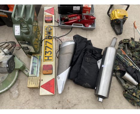 AN ASSORTMENT OF ITEMS TO INCLUDE A CAR EXHUAST PIPE, A TRAILER LIGHT BOARD AND A JERRY CAN ETC 