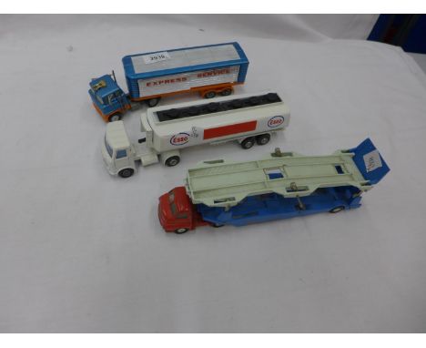 TWO PLAYWORN CORGI MODELS OF A CAR TRANSPORTER AND EXPRESS LORRY AND A DINKY ESSO TANKER 