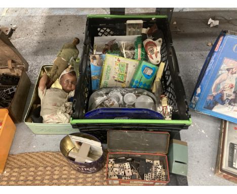 VARIOUS VINTAGE TOYS TO INCLUDE A DOLL, ACTION MAN, TEA SET, JACK STRAWS, DOMINOS, VEIWER ETC 