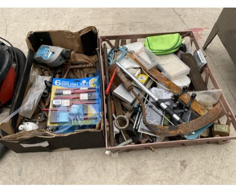 AN ASSORTMENT OF TOOLS TO INCLUDE A SYTHE, SPANNERS AND PAINT BRUSHES ETC 