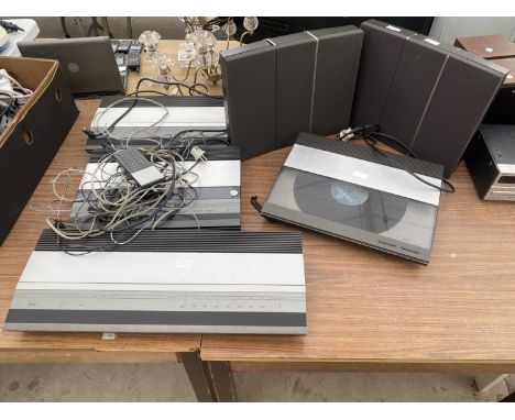 AN ASSORTMENT OF BANG AND OLUFSEN STEREO ITEMS TO INCLUDE RECORD PLAYER, CD PLAYER AND TWO SPEAKERS ETC 