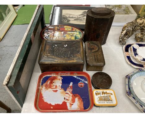 A QUANTITY OF VINTAGE TINS TO INCLUDE A COCA COLA TRAY, TEA CADDY, BISCUIT TIN, ETC 
