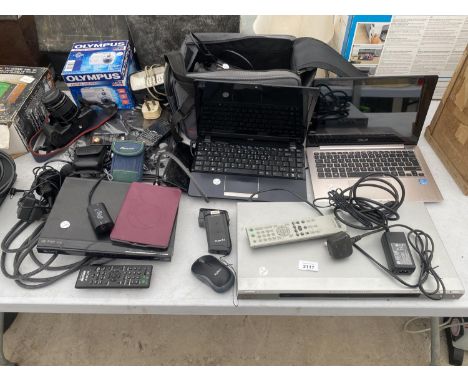A LARGE ASSORTMENT OF ITEMS TO INCLUDE TWO LAPTOPS, DVD PLAYERS AND CAMERA EQUIPMENT ETC 