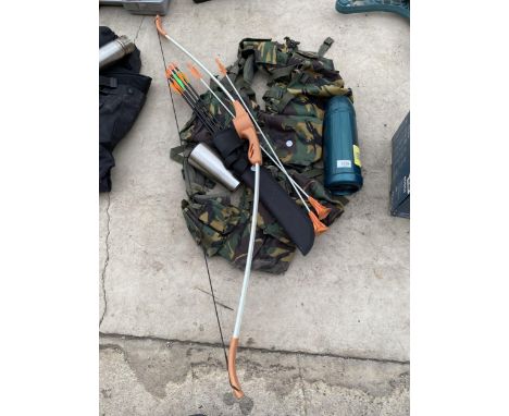 AN ASSORTMENT OF ITEMS TO INCLUDE A BOW AND ARROWS, A FLASK AND A CAMMO VEST ETC 