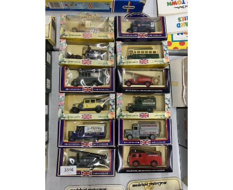 TWELEV BOXED DIECAST VEHICLES DEPICTING TV SHOWS - DARLING BUDS OF MAY, LONDONS BURNING AND DADS ARMY 