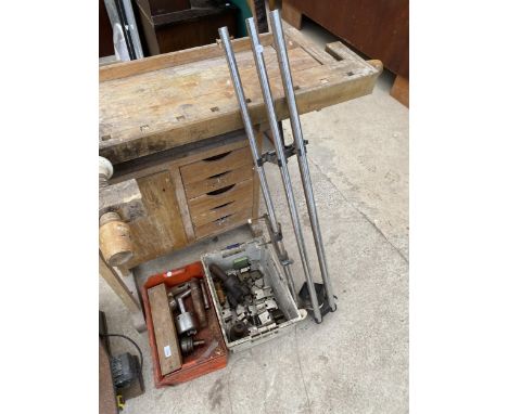 AN ASSORTMENT OF TOOLS TO INCLUDE LATHE CHUCKS AND STEEL CUTTING DIES ETC 