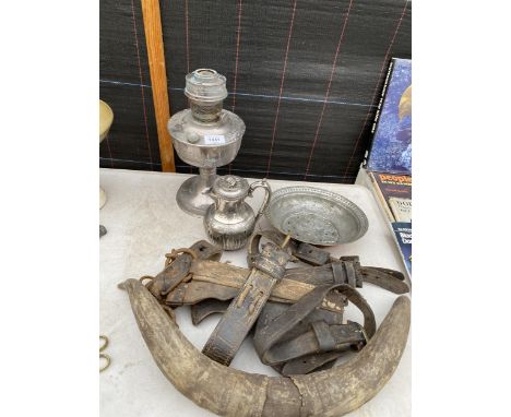 AN ASSORTMENT OF ITEMS TO INCLUDE AN OIL LAMP, A PAIR OF HORNS AND A SILVER PLATE TEAPOT ETC 