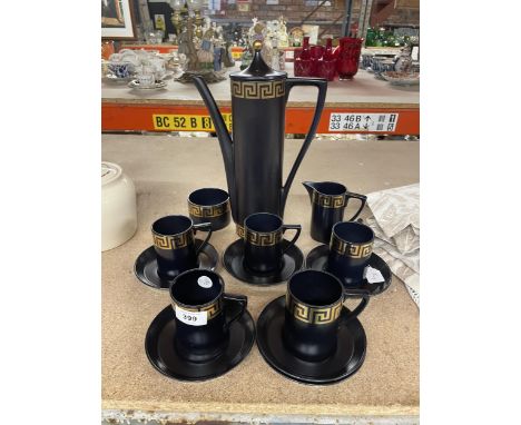 A BLACK PORTMEIRION 'GREEK KEY' COFFEE SET TO INCLUDE A COFFEE POT, SUGAR BOWL, CREAM JUG, FIVE CUPS AND SIX SAUCERS 