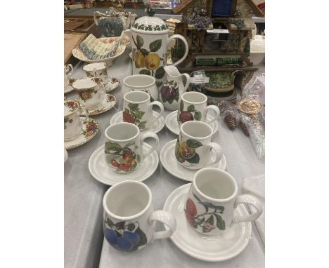 A PORTMEIRION 'POMONA' COFFEE SET TO INCLUDE A COFFEE POT, CREAM JUG, SUGAR BOWL, CUPS AND SAUCERS 