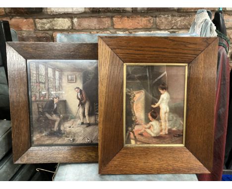 TWO VINTAGE PRINTS - MEN PLAYING GOLF AND CHILDREN WARMING THEMSELVES IN FRONT OF THE FIRE IN WOODEN FRAMES 