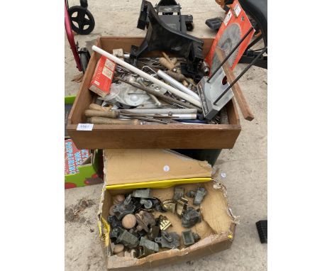 AN ASSORTMENT OF TOOLS AND HARDWARE TO INCLUDE SPANNERS AND FILES ETC 