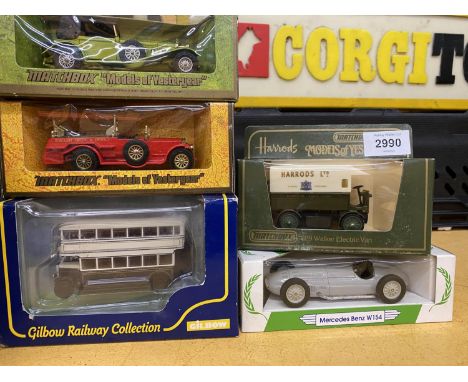 FIVE BOXED DIECAST VEHICLES TO INCLUDE THREE 'MATCHBOX' MODELS OF YESTERYEAR TO INCLUDE A Y-16 1928 MERCEDES SS COUPE, A Y-6 