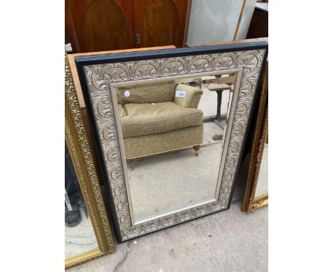 A MODERN 'COLOURS SELECTION' BLACK AND SILVER WALL MIRROR, 37.5X27" 