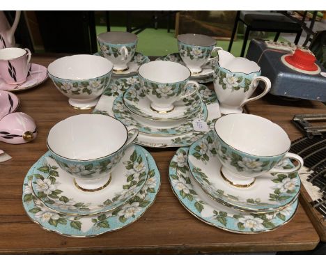 A MONTROSE, GLADSTONE PART TEA SERVICE WITH FLORAL DECORATION TO INCLUDE A CAKE PLATE, SUGAR BOWL, CREAM JUG, CUPS, SAUCERS A