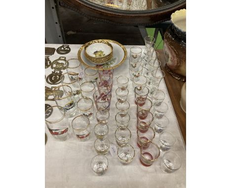 A QUANTITY OF THEMED LIQUOUR GLASSES TO INCLUDE HUNTING SCENES, PHEASANTS, CARS, ETC PLUS TUMBLERS, SHERRY GLASSES BOWLS, ETC