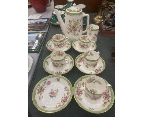 A VINTAGE CAULDRON CHINA PART COFFEE SET TO INCLUDE A COFFEE POT, CREAM JUG, FIVE DEMI-TASSE COFFEE CANS AND FIVE SAUCERS IN 