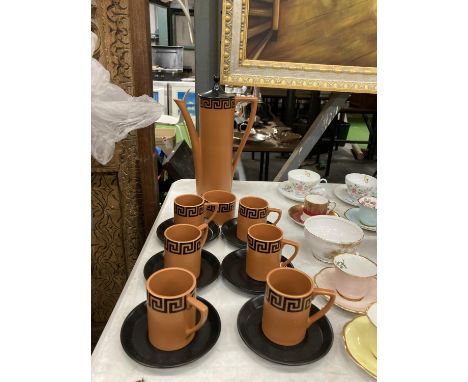 A PORTMEIRION COFFEE SET IN A CARAMEL BROWN 'GREEK KEY' DESIGN TO INCLUDE A COFFEE POT, SUGAR BOWL, SIX CUPS AND SAUCERS 