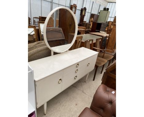 A RETRO WHITE DRESSING TABLE WITH TWO DOORS, THREE DRAWERS AND CIRCULAR MIRROR 