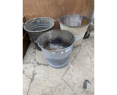 THREE VINTAGE GALVANISED BUCKETS 