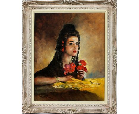 PAL FRIED, OIL ON CANVAS, 30" X 24", SENORITA:  Portrait of Spanish beauty; signed; framed. Pal  Fried, 1893 - 1976. 