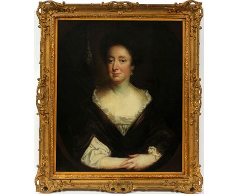  VICTORIAN OIL ON CANVAS, LATE 19TH C., 30" X  25", PORTRAIT OF A LADY: A half-length portrait  of a seated lady with hands f