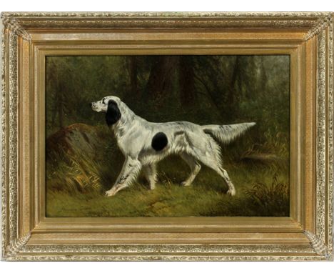  HERMANN SIMON [1846--1895], OIL ON BOARD, 1879,  H 19" W 29", HUNTING DOG: Hermann Gustav Simon  [German, 1846-1895]. Oil on