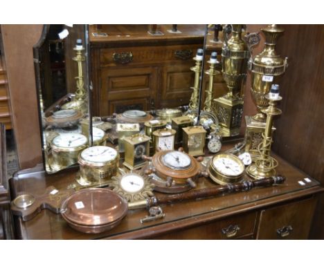 Metalware - a Schatz bulkhead clock; others; a warming pan; table lamp; etc.; quantity